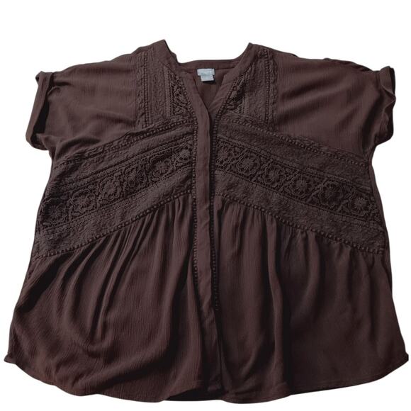 CHICO'S 2 Boho‎ Artsy Crochet Blouse Top L Short Sleeves Flowy Career Vacation - Picture 3 of 10